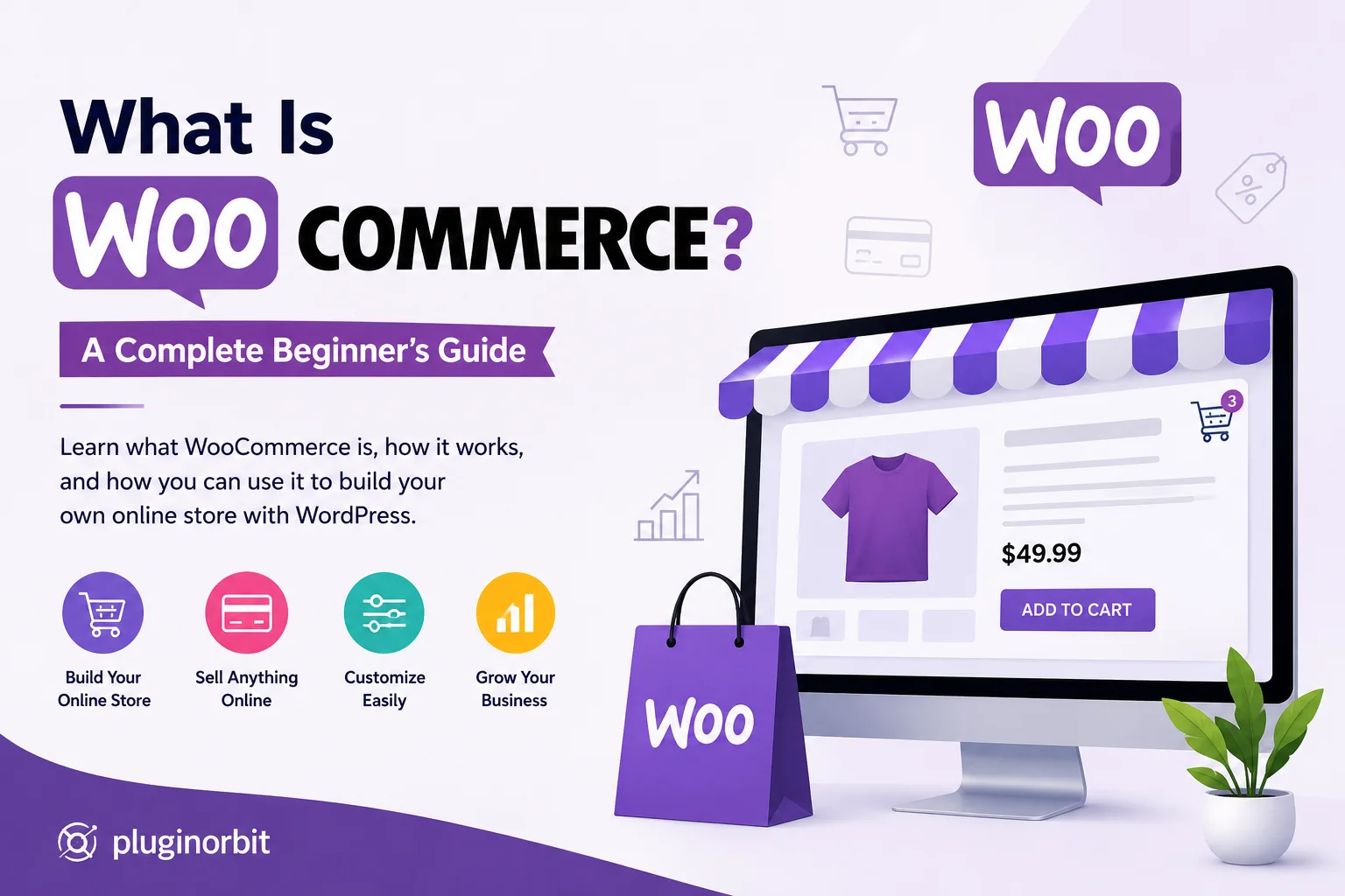 WooCommerce beginner’s guide with online store illustration