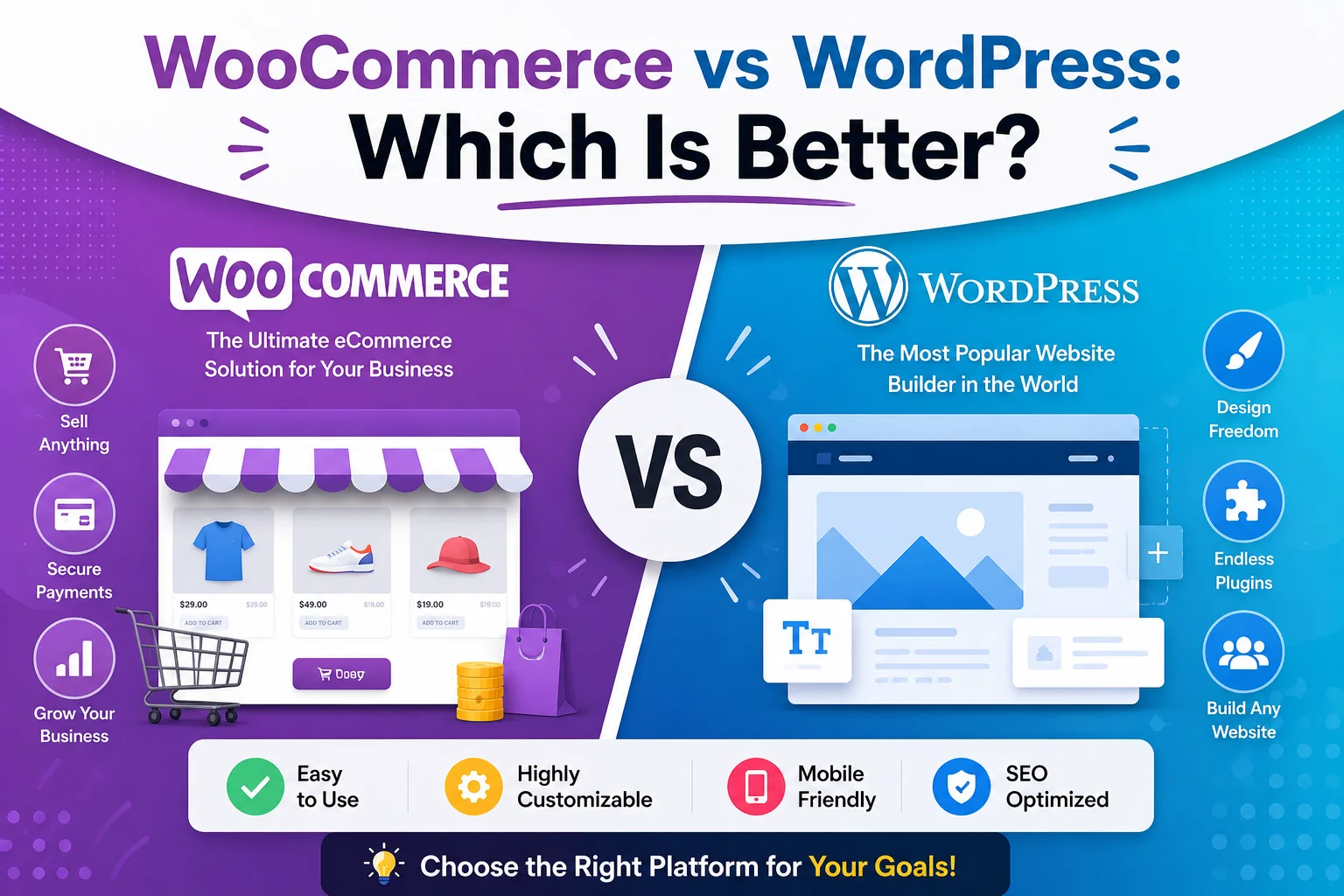 WooCommerce vs WordPress comparison showing ecommerce, customization, plugins, SEO, and payment features