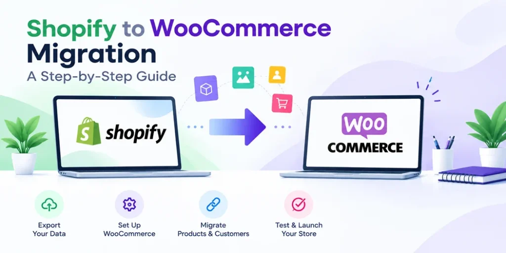 Shopify to WooCommerce migration guide showing store data transfer and setup steps