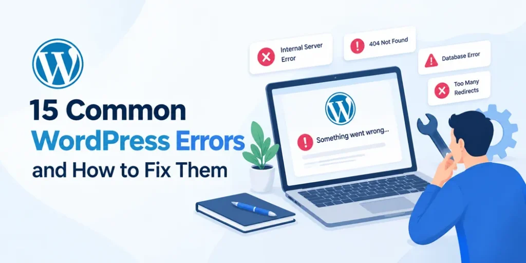15 common WordPress errors and troubleshooting solutions displayed on a laptop