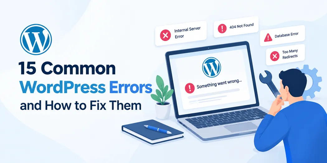 15 common WordPress errors and troubleshooting solutions displayed on a laptop