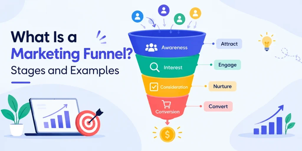 What is a marketing funnel showing awareness, interest, consideration, and conversion stages