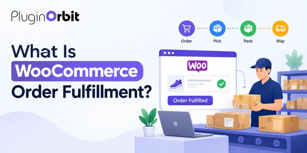 WooCommerce order fulfillment process showing order processing, picking, packing, and shipping with PluginOrbit branding.